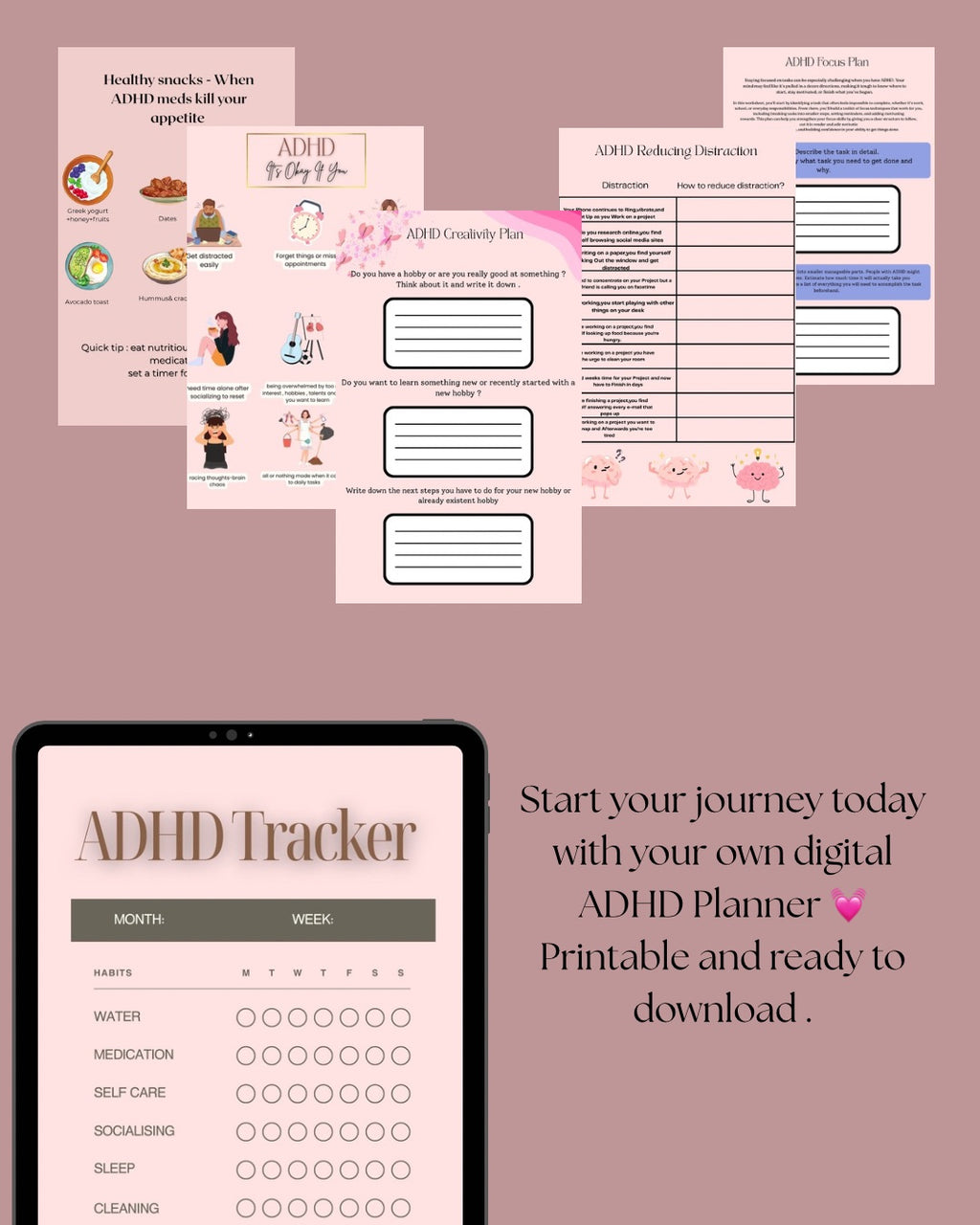 ADHD journal planner printable digital download adhd therapy ebook