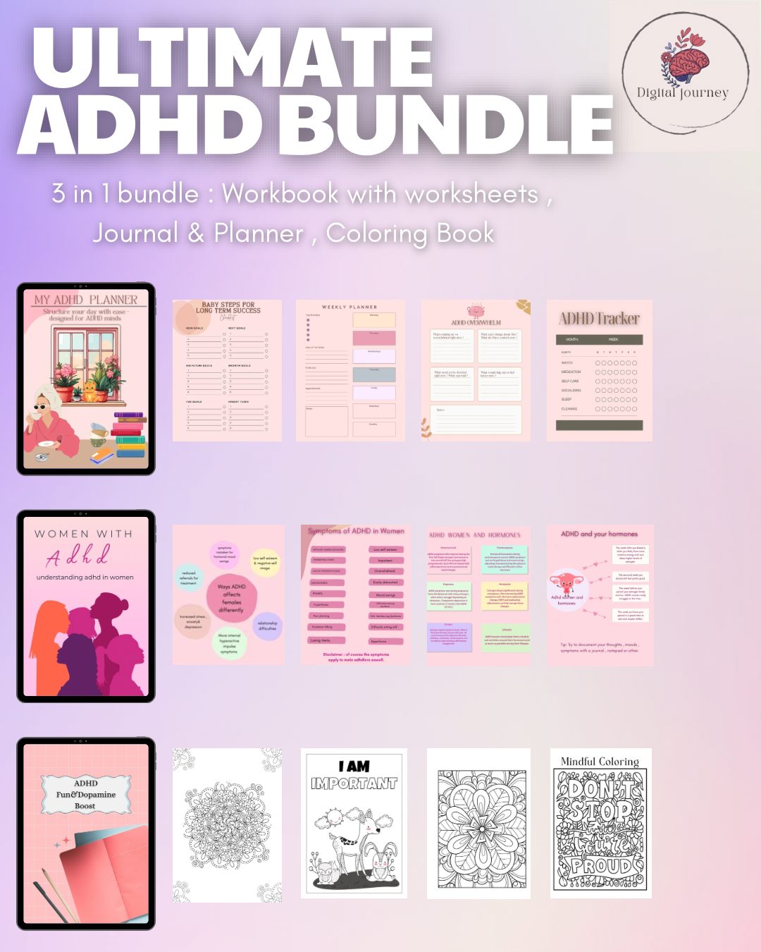 ADHD journal printable download planner adhd bundle women Coloring book
