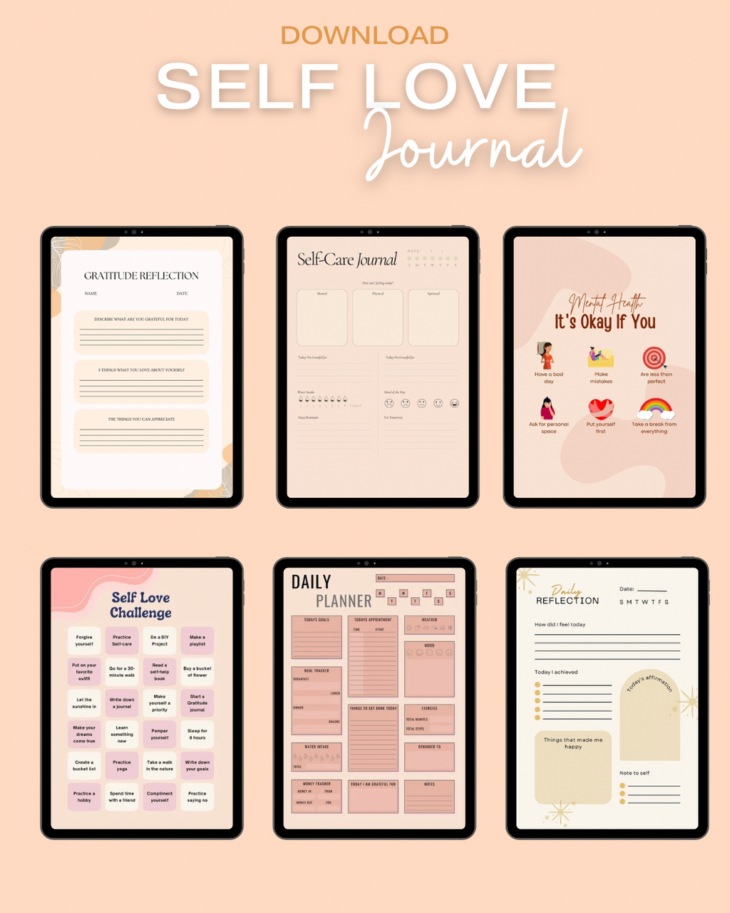 Self love journal planner digital printable download gratitude