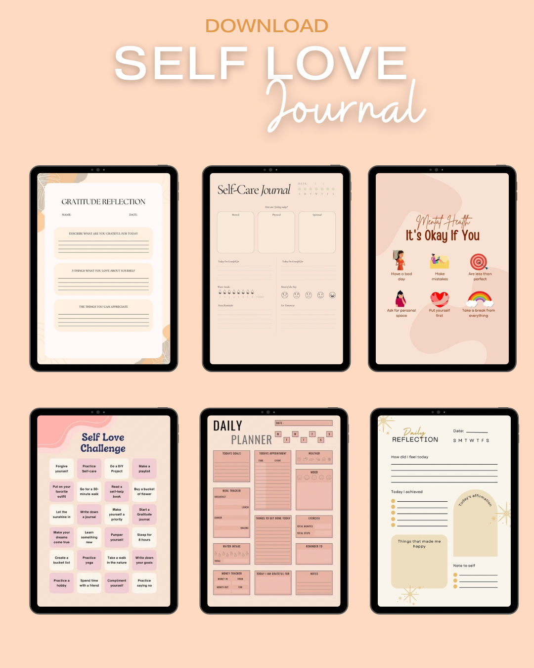 Self love journal planner digital printable download gratitude